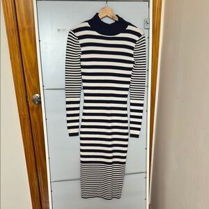 Michael Kors Black and White Maxi Dress with Long Cuffed Sleeves and Mock Neck